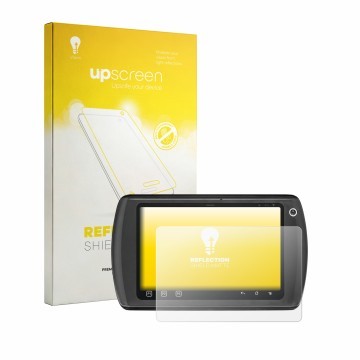 Parte frontal de un envase de producto con el logotipo de la marca upscreen. Al lado se muestra el dispositivo Zebra ET1 con s