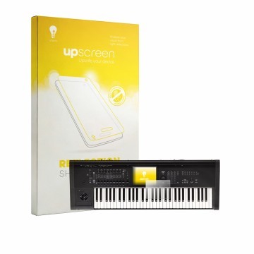 Parte frontal de un envase de producto con el logotipo de la marca upscreen. Al lado se muestra el dispositivo KORG Kronos 3 (