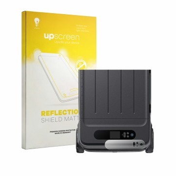 Parte frontal de un envase de producto con el logotipo de la marca upscreen. Al lado se muestra el dispositivo Anker SOLIX Eve