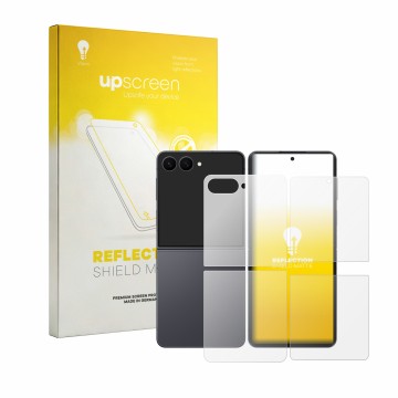 Face avant d’un emballage produit avec le logo de la marque upscreen. À côté, l’appareil Samsung Galaxy Z Flip 8 (Avant+Arrièr