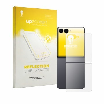 Face avant d’un emballage produit avec le logo de la marque upscreen. À côté, l’appareil Samsung Galaxy Z Flip 8 (Arrière) est