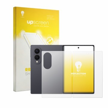 Face avant d’un emballage produit avec le logo de la marque upscreen. À côté, l’appareil Samsung Galaxy Z Fold 8 (Avant+Arrièr