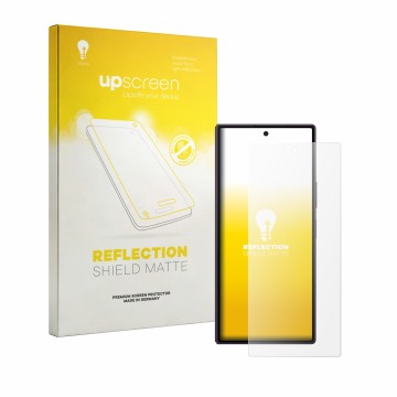 Face avant d’un emballage produit avec le logo de la marque upscreen. À côté, l’appareil Samsung Galaxy Z Fold 8 Ultra est rep