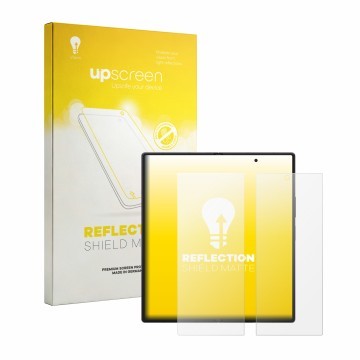 Face avant d’un emballage produit avec le logo de la marque upscreen. À côté, l’appareil Samsung Galaxy Z Fold 8 Ultra (Affich
