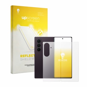 Face avant d’un emballage produit avec le logo de la marque upscreen. À côté, l’appareil Samsung Galaxy Z Fold 8 Ultra (Avant+