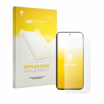 Parte frontal de un envase de producto con el logotipo de la marca upscreen. Al lado se muestra el dispositivo Xiaomi Redmi K1