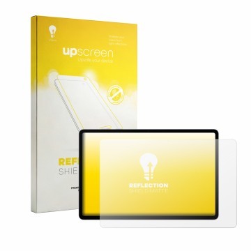 Vorderseite einer Produktverpackung mit dem Markenlogo upscreen. Daneben ist das Gerät Samsung Galaxy Tab S12 Plus mit dem zug