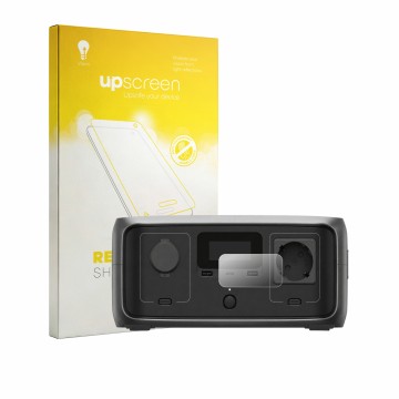 Face avant d’un emballage produit avec le logo de la marque upscreen. À côté, l’appareil EcoFlow River 3 est représenté avec l