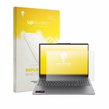 Parte frontal de un envase de producto con el logotipo de la marca upscreen. Al lado se muestra el dispositivo Lenovo IdeaPad 