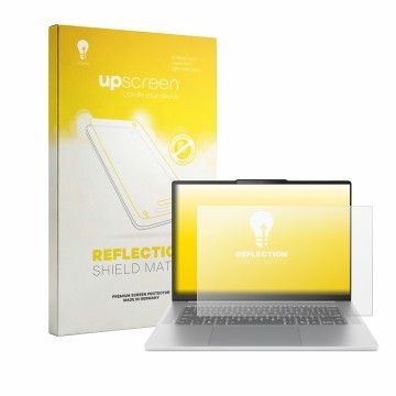 Parte frontal de un envase de producto con el logotipo de la marca upscreen. Al lado se muestra el dispositivo Lenovo IdeaPad 