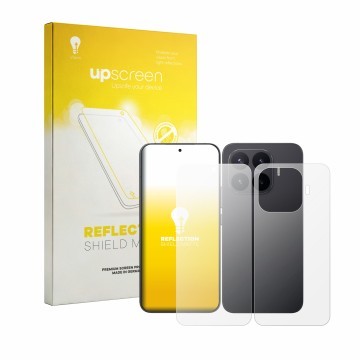 Parte frontal de un envase de producto con el logotipo de la marca upscreen. Al lado se muestra el dispositivo Xiaomi 17T Pro 