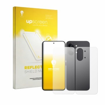 Parte frontal de un envase de producto con el logotipo de la marca upscreen. Al lado se muestra el dispositivo Xiaomi Poco X8 