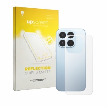 Parte frontal de un envase de producto con el logotipo de la marca upscreen. Al lado se muestra el dispositivo Xiaomi 17T (Tra