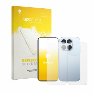 Parte frontal de un envase de producto con el logotipo de la marca upscreen. Al lado se muestra el dispositivo Xiaomi 17T (Fro
