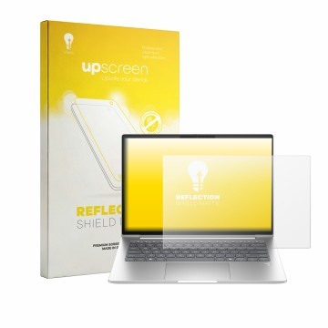 Parte frontal de un envase de producto con el logotipo de la marca upscreen. Al lado se muestra el dispositivo HP EliteBook 6 
