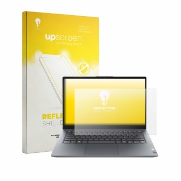 Parte frontale di una confezione del prodotto con il logo del marchio upscreen. Accanto è raffigurato il dispositivo Lenovo V1