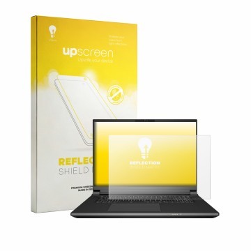 Vorderseite einer Produktverpackung mit dem Markenlogo upscreen. Daneben ist das Gerät Schenker KEY 18 Pro E25 mit dem zugehör