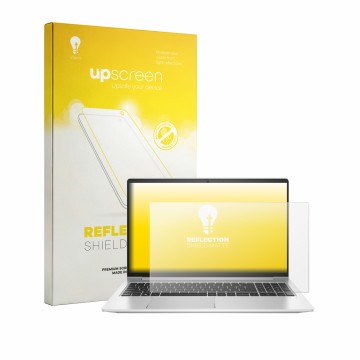 Parte frontal de un envase de producto con el logotipo de la marca upscreen. Al lado se muestra el dispositivo HP ProBook 455 