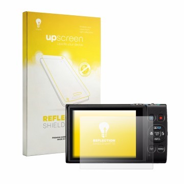 Vorderseite einer Produktverpackung mit dem Markenlogo upscreen. Daneben ist das Gerät Canon IXUS 285 HS A mit dem zugehörigen
