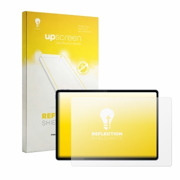 Parte frontal de un envase de producto con el logotipo de la marca upscreen. Al lado se muestra el dispositivo Lenovo Yoga Tab