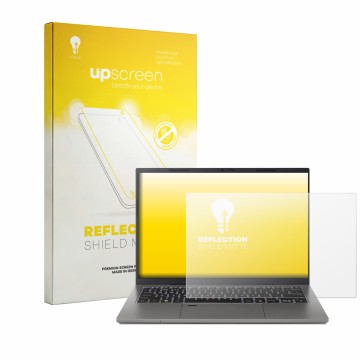 Parte frontal de un envase de producto con el logotipo de la marca upscreen. Al lado se muestra el dispositivo Acer TravelMate