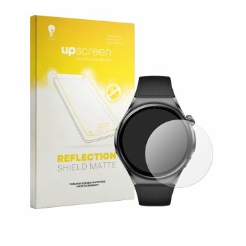 Vorderseite einer Produktverpackung mit dem Markenlogo upscreen. Daneben ist das Gerät Huawei Watch 6 46 mm mit dem zugehörige