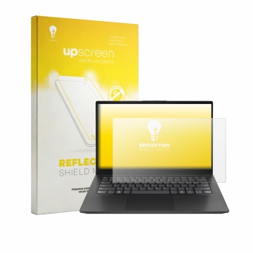 Parte frontal de un envase de producto con el logotipo de la marca upscreen. Al lado se muestra el dispositivo Lenovo Prima 14