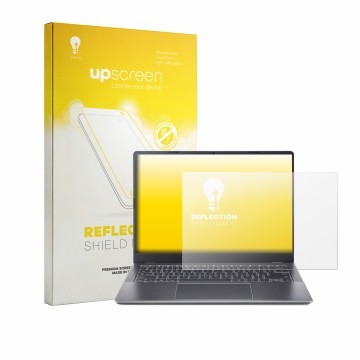 Parte frontal de un envase de producto con el logotipo de la marca upscreen. Al lado se muestra el dispositivo Acer Chromebook