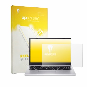 Parte frontal de un envase de producto con el logotipo de la marca upscreen. Al lado se muestra el dispositivo Acer Extensa 15