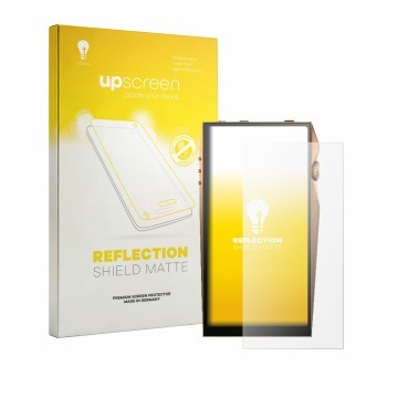 Parte frontal de un envase de producto con el logotipo de la marca upscreen. Al lado se muestra el dispositivo Astell&Kern A&u