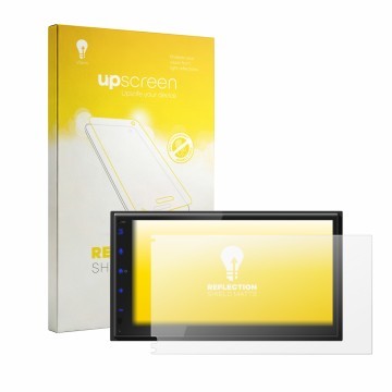 Parte frontal de un envase de producto con el logotipo de la marca upscreen. Al lado se muestra el dispositivo JVC KW-593BT co