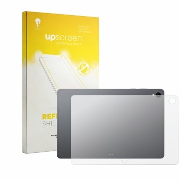 Vorderseite einer Produktverpackung mit dem Markenlogo upscreen. Daneben ist das Gerät Samsung Galaxy Tab S12 Plus (Rückseite)