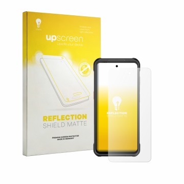 Face avant d’un emballage produit avec le logo de la marque upscreen. À côté, l’appareil JCB Toughphone MAX M20 est représenté