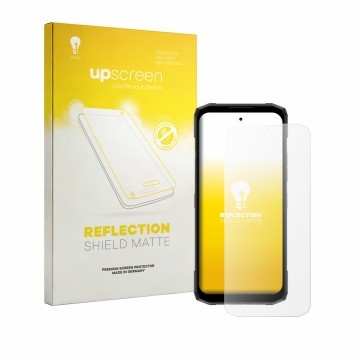 Vorderseite einer Produktverpackung mit dem Markenlogo upscreen. Daneben ist das Gerät Doogee Blade 20 Plus mit dem zugehörige
