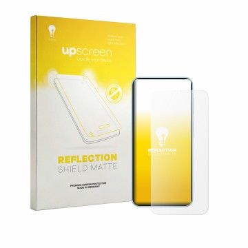 Parte frontal de un envase de producto con el logotipo de la marca upscreen. Al lado se muestra el dispositivo Samsung Galaxy 