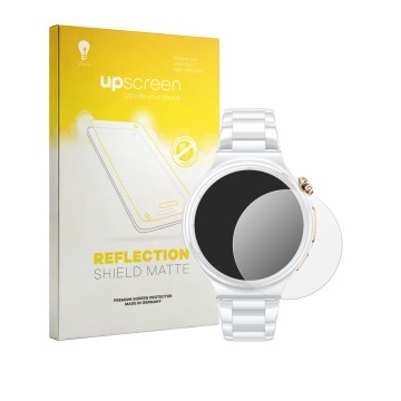 Parte frontal de un envase de producto con el logotipo de la marca upscreen. Al lado se muestra el dispositivo Huawei Watch 6 