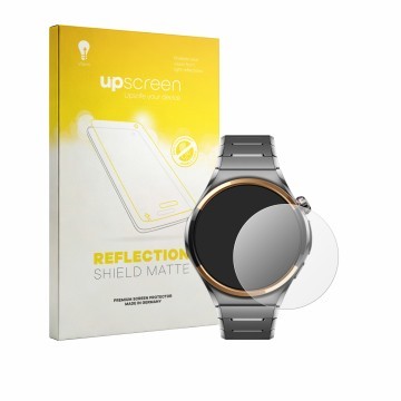Parte frontal de un envase de producto con el logotipo de la marca upscreen. Al lado se muestra el dispositivo Huawei Watch 6 