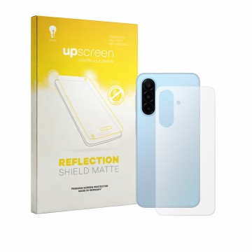 Vorderseite einer Produktverpackung mit dem Markenlogo upscreen. Daneben ist das Gerät Samsung Galaxy A18 4G (Rückseite) mit d