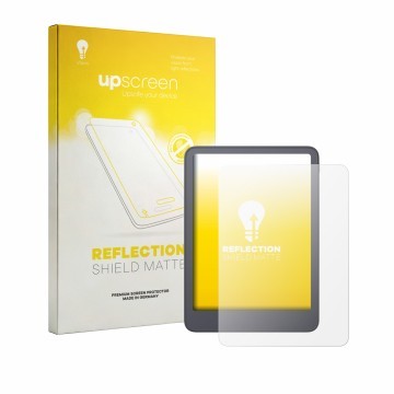 Face avant d’un emballage produit avec le logo de la marque upscreen. À côté, l’appareil Amazon Kindle Paperwhite 2026 est rep