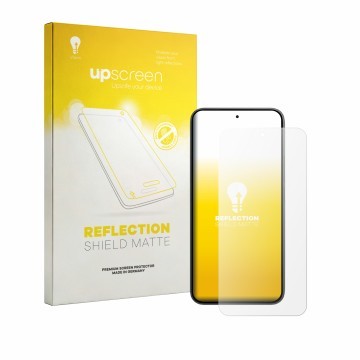 Parte frontal de un envase de producto con el logotipo de la marca upscreen. Al lado se muestra el dispositivo Xiaomi Poco X8 