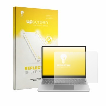 Vorderseite einer Produktverpackung mit dem Markenlogo upscreen. Daneben ist das Gerät Microsoft Surface Laptop 13