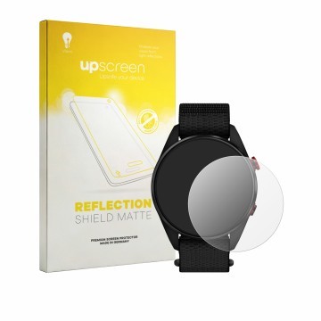 Parte frontal de un envase de producto con el logotipo de la marca upscreen. Al lado se muestra el dispositivo Garmin Approach