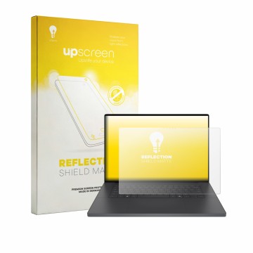 Parte frontal de un envase de producto con el logotipo de la marca upscreen. Al lado se muestra el dispositivo Dell XPS 16 Cre