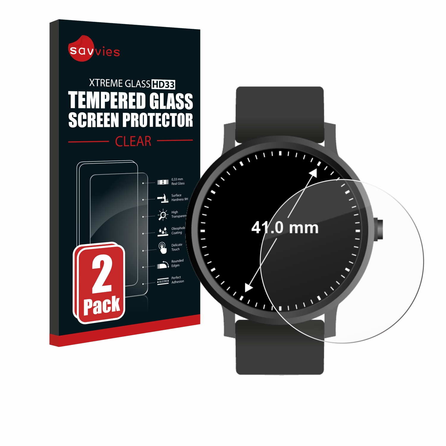 2x Savvies HD33 čiré tvrzené sklo pro hodinky (kulatý, průměr: 41 mm)