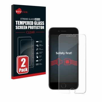 Front side of a product packaging with the brand logo Savvies. Next to it is the device Apple iPhone 6 shown with the correspo