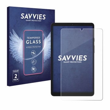 Vorderseite einer Produktverpackung mit dem Markenlogo Savvies. Daneben ist das Gerät Samsung Galaxy Tab A9 WiFi mit dem zugeh