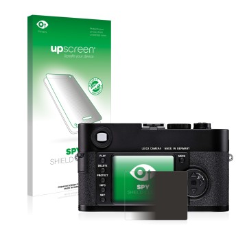 Face avant d’un emballage produit avec le logo de la marque upscreen. À côté, l’appareil Leica M8 est représenté avec la prote