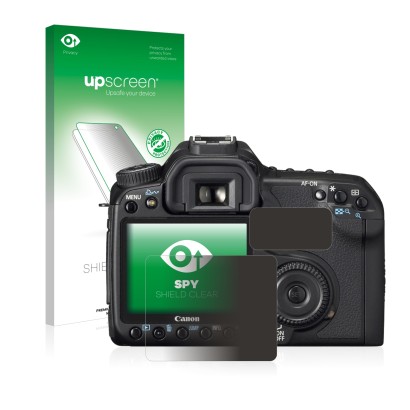 Face avant d’un emballage produit avec le logo de la marque upscreen. À côté, l’appareil Canon EOS 40D est représenté avec la 