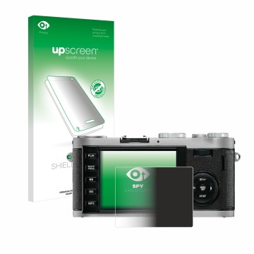 Parte frontal de un envase de producto con el logotipo de la marca upscreen. Al lado se muestra el dispositivo Leica X1 con su