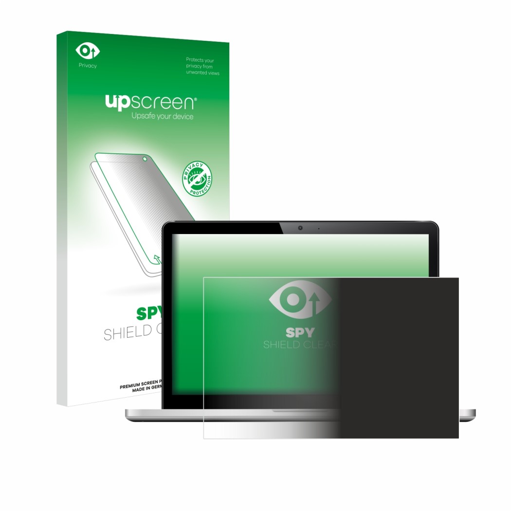 Parte frontal de un envase de producto con el logotipo de la marca upscreen. Al lado se muestra el dispositivo con su protecto